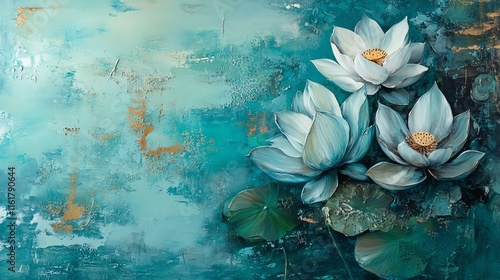 Beautiful white lotus flowers on a serene turquoise background.