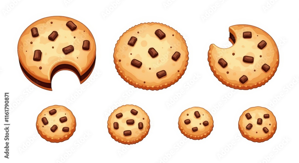 Fototapeta premium Delicious Cookie Set Illustration with Chocolate Chunks, Perfect for Bakery Branding and Dessert Menus