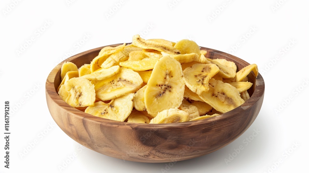Delicious Crispy Banana Chips in Wooden Bowl Delicious Crispy Banana Chips in Wooden Bowl
