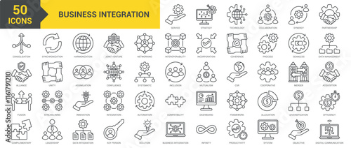 Business Integration icon collection set. Containing strategy, technology, collaboration, synergy, partnership, consolidation, alliance, fusion, complementary, synchronization icon. Simple line vector
