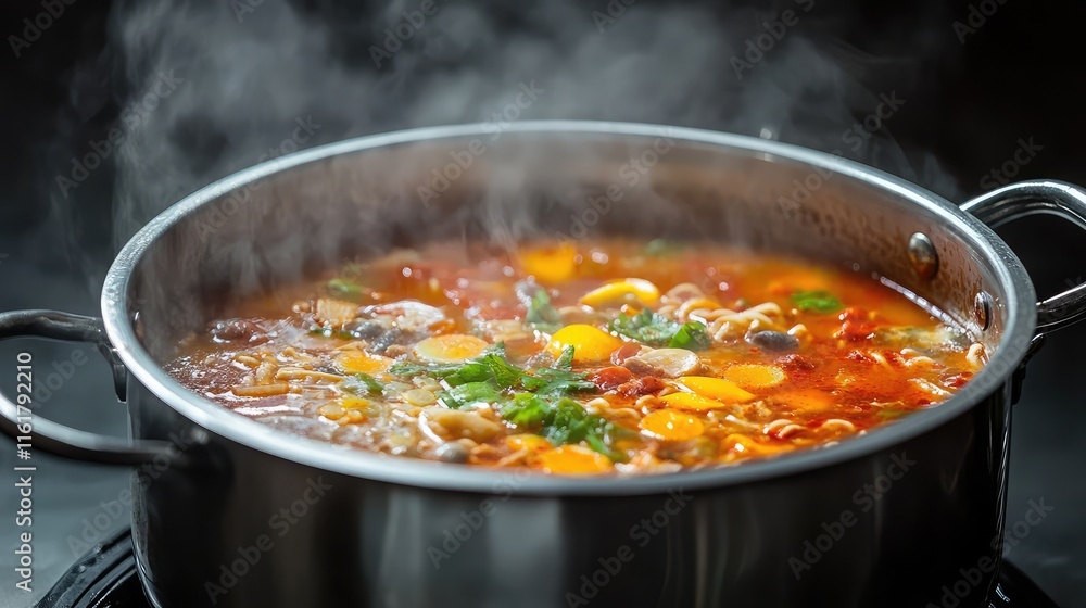 Delicious homemade vegetable soup simmering in a pot Delicious homemade vegetable soup simmering in a pot