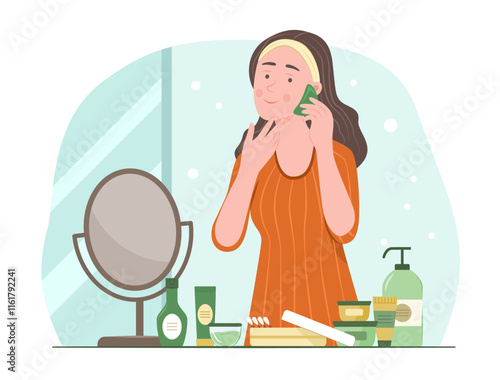 Healthy Woman Doing Facial Massage with Gua Sha Stone for Beauty Skin Treatment Concept Illustration