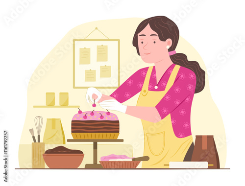 Baker Chef Woman Doing Cake Decorating in Bakery Shop