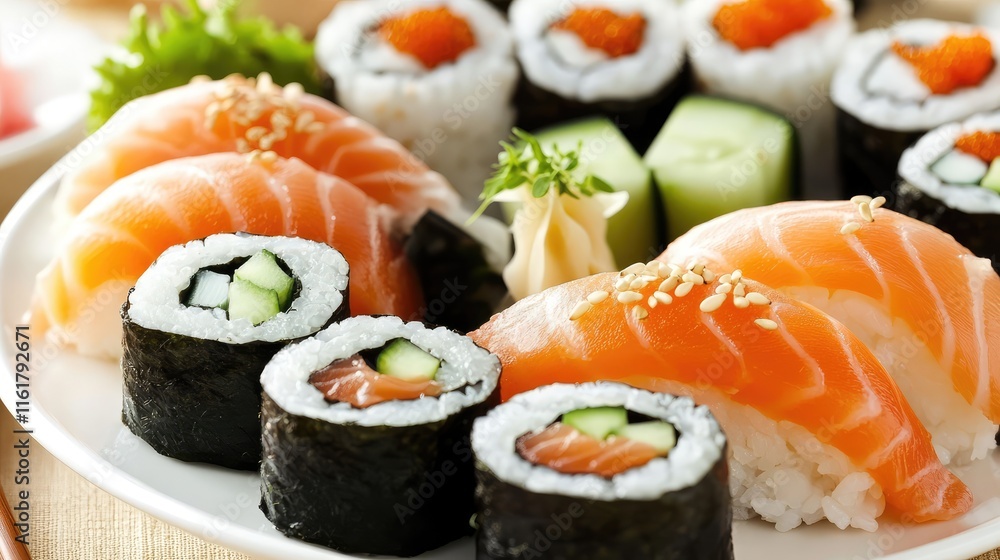 Fresh Sushi Platter with Salmon, Cucumber, and Fish Roe Delights Fresh Sushi Platter with Salmon, Cucumber, and Fish Roe Delights