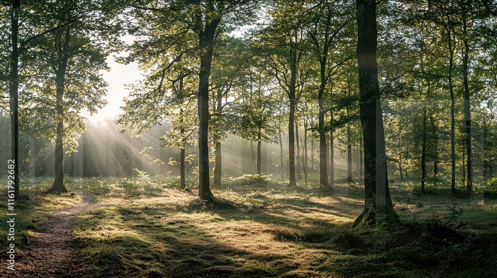 Obraz premium A forest illuminated by the gentle morning light, creating a magical atmosphere.