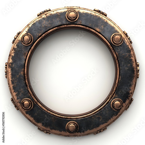 Circular bronze metal frame with rivets.