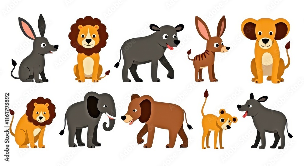 Fototapeta premium Charming Animal Cartoon Illustration Set Featuring Cute Lions, Elephants, and More for Children's Books and Educational Material