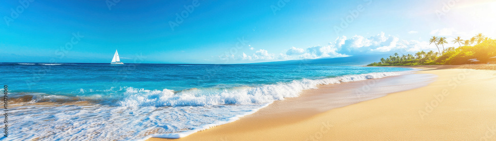 serene beach with gentle waves and distant sailboat under clear sky serene beach with gentle waves and distant sailboat under clear sky