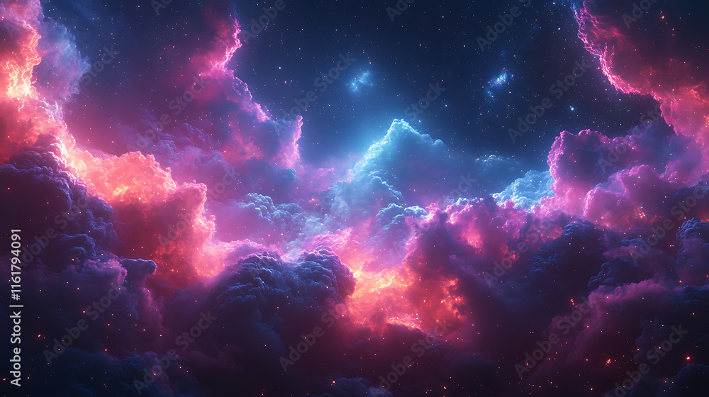 Obraz premium Abstract clouds of cosmic energy float in a dark galaxy, showcasing vivid colors and intricate patterns as they swirl amidst twinkling stars and glowing nebulas