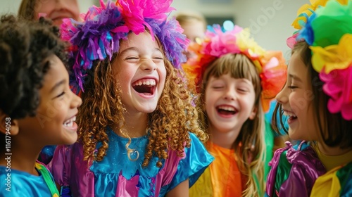 A group of kids playing dress-up in colorful costumes, laughing and smiling together.