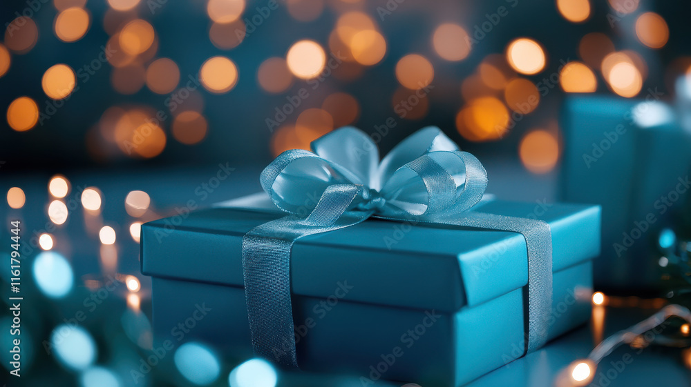 Blue gift box with satin ribbon amid festive lights Blue gift box with satin ribbon amid festive lights