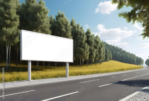 Empty billboard standing next to asphalt road with forest and blue sky background photo