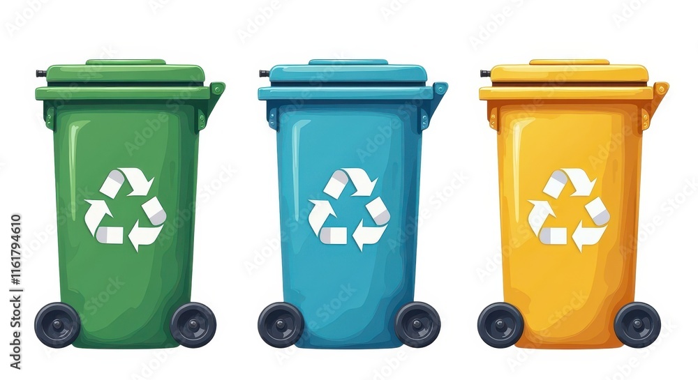 Colorful Recycling Bins Illustration with Green, Blue, and Yellow Containers for Waste Management and Environmental Awareness Colorful Recycling Bins Illustration with Green, Blue, and Yellow Containers for Waste Management and Environmental Awareness