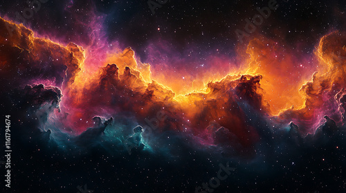Abstract cosmic clouds float gracefully in a dark galaxy, illuminated by vibrant nebulas in deep purples, blues, and fiery oranges, creating a stunning celestial display