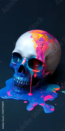 Spooky skull design with vivid paint and bright gradient colors, creating a Halloween or Santa Muerte theme with a modern twist against a vibrant 90s-inspired backdrop