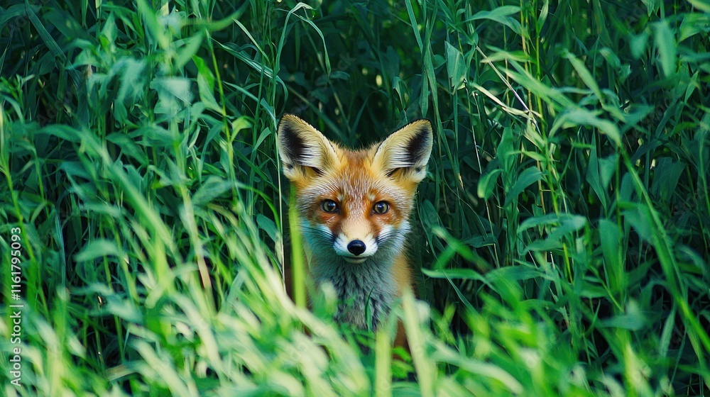Obraz premium A young red fox peeking out from behind tall grass in a serene forest setting.