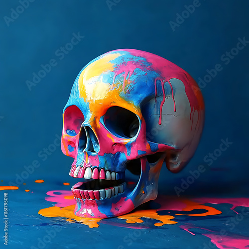 Vividly colored skull featuring bold pastel designs, embodying a blend of modern aesthetics and spooky concepts for Halloween or Santa Muerte celebrations with vibrant energy