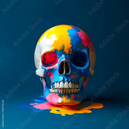 Colorful skull with pastel tones and gradient effects, evoking a vibrant and eerie Halloween atmosphere blended with retro futuristic style and unique artistic expression