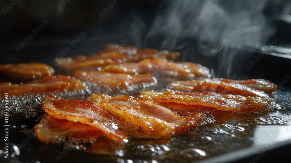 Fototapeta premium Crispy Bacon Cooking on a Pan with Steam Rising in a Kitchen Setting