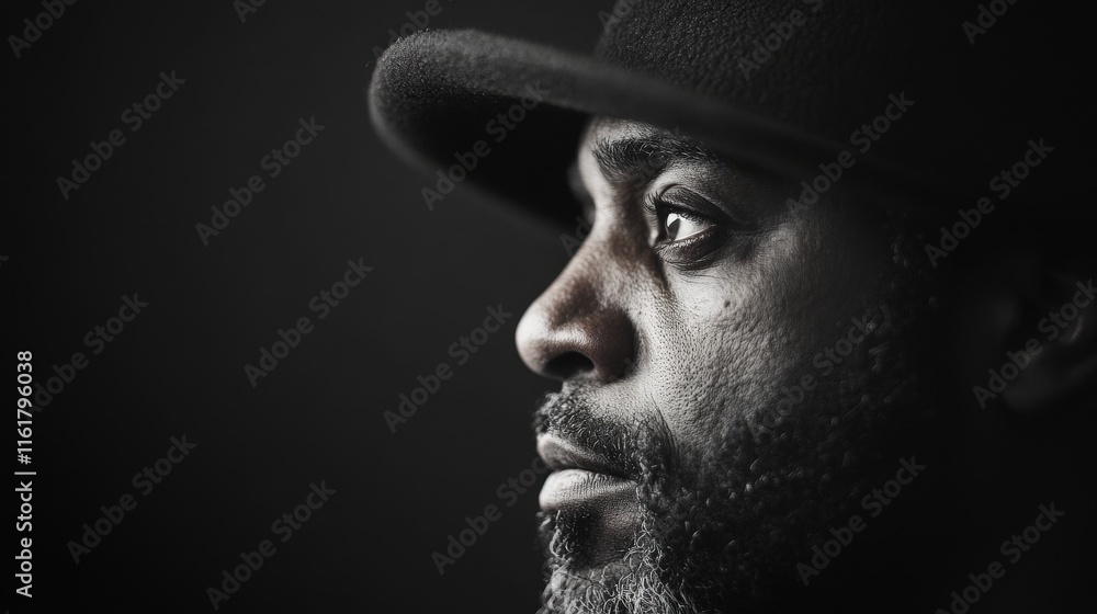 A Thoughtful Profile Portrait of a Man with a Beard and Hat Against a Dark Background Capturing Depth and Emotion through Strong Lighting and Contrast A Thoughtful Profile Portrait of a Man with a Beard and Hat Against a Dark Background Capturing Depth and Emotion through Strong Lighting and Contrast