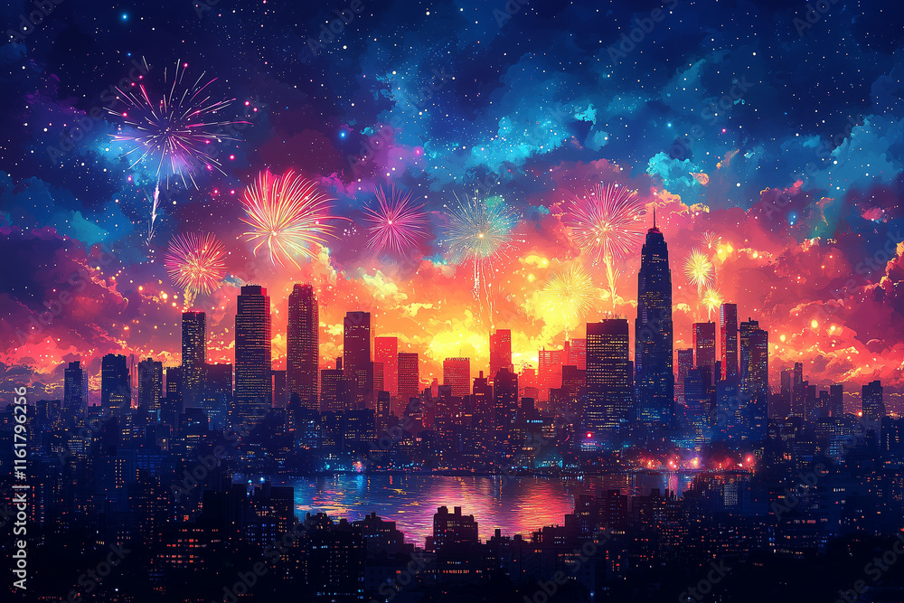 Fototapeta premium Abstract Fireworks Display Over City Skyline at Midnight