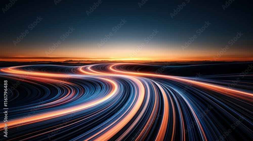Abstract sunset landscape with glowing light trails forming a winding path. Abstract sunset landscape with glowing light trails forming a winding path.