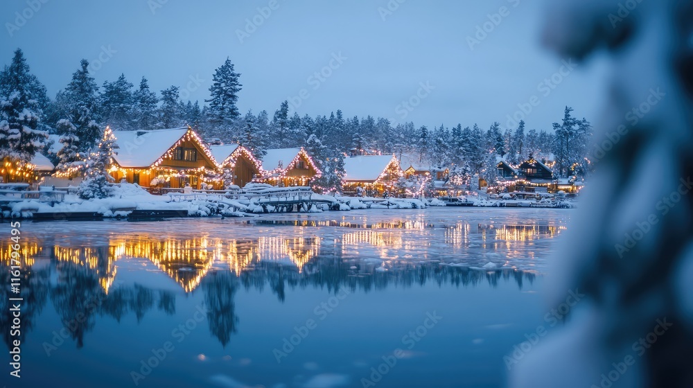 Fototapeta premium Scenic Winter Village with Snowy Landscape and Festive Lights