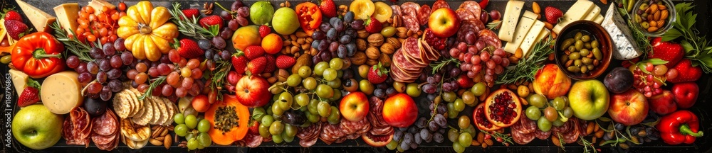 Overhead Shot of a Beautifully Arranged Charcuterie Board with Cheeses, Fruits, and Nuts Overhead Shot of a Beautifully Arranged Charcuterie Board with Cheeses, Fruits, and Nuts
