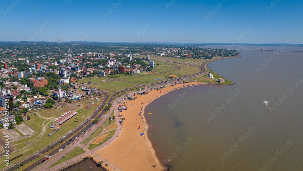 Fototapeta premium Aerial photograph of San Jose Beach along the Costanera in Encarnación, Department of Itapúa, Paraguay.