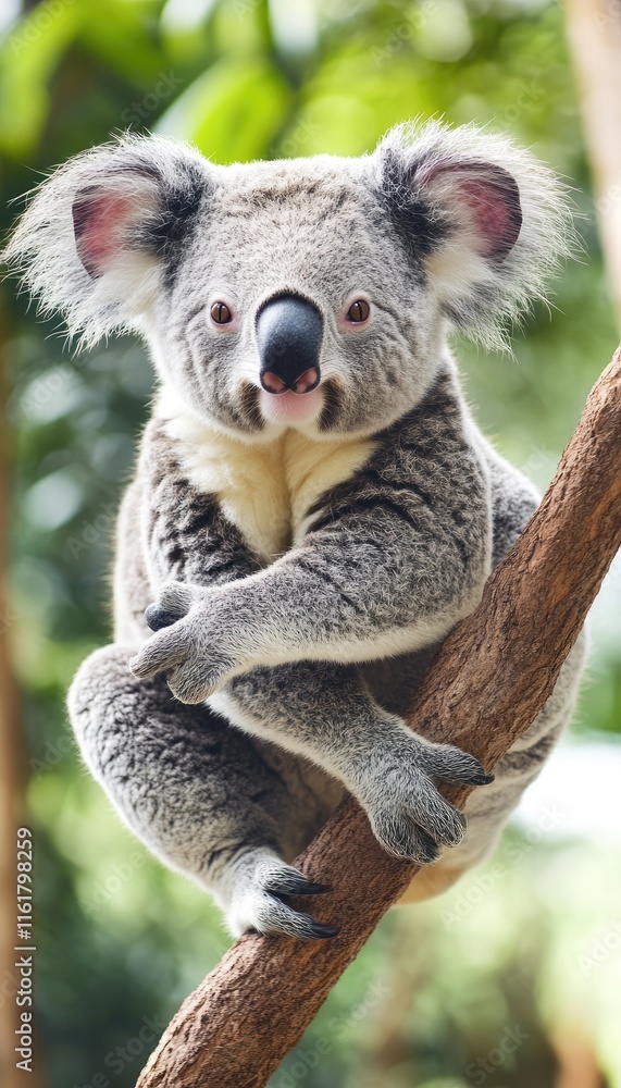 Fototapeta premium A koala clings to a tree branch, showcasing its adorable features in a natural setting.
