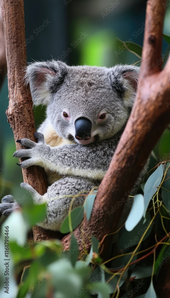 Fototapeta premium A koala perched on a tree branch surrounded by green leaves.