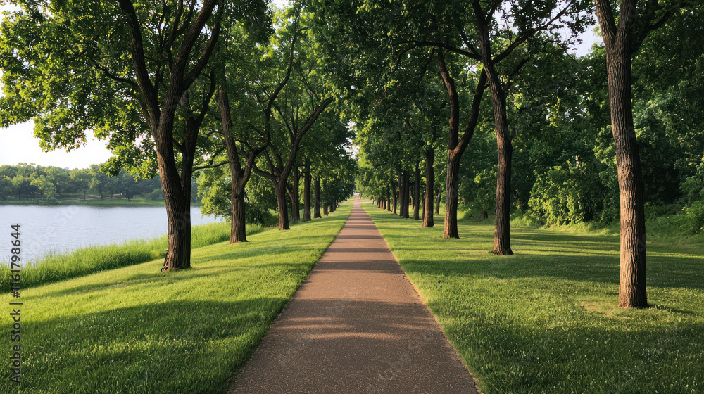 Walking path along tranquil lakeside scenic nature serene environment green trees peaceful viewpoint Walking path along tranquil lakeside scenic nature serene environment green trees peaceful viewpoint