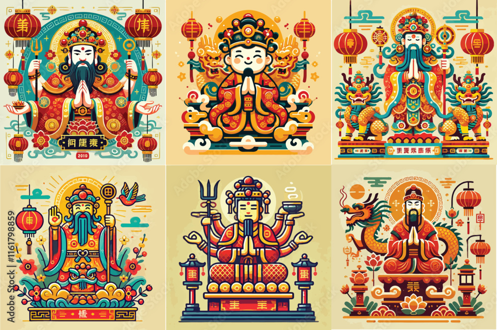 Obraz premium Chinese New Year god of wealth, riches and prosperity, with golden treasures and flower of lotus, raster from vector illustration
