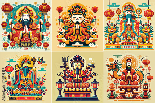 Chinese New Year god of wealth, riches and prosperity, with golden treasures and flower of lotus, raster from vector illustration