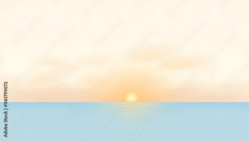 Obraz premium A minimalist illustration of a calm sea with a setting sun on the horizon, soft gradients blending orange and blue tones.