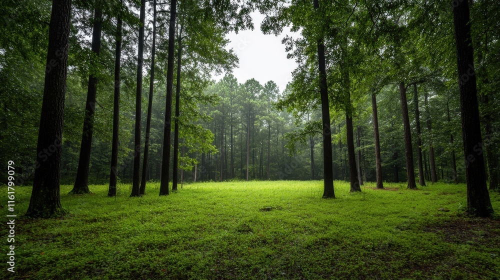 Lush Green Forest Clearing Surrounded by Tall Trees with Misty Atmosphere Inviting Peaceful Nature Retreat and Outdoor Exploration in Tranquil Environment Lush Green Forest Clearing Surrounded by Tall Trees with Misty Atmosphere Inviting Peaceful Nature Retreat and Outdoor Exploration in Tranquil Environment