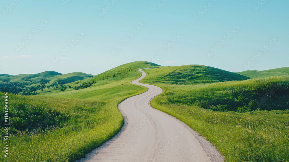 Winding road through lush hills scenic landscape outdoor photography tranquil environment aerial perspective Winding road through lush hills scenic landscape outdoor photography tranquil environment aerial perspective