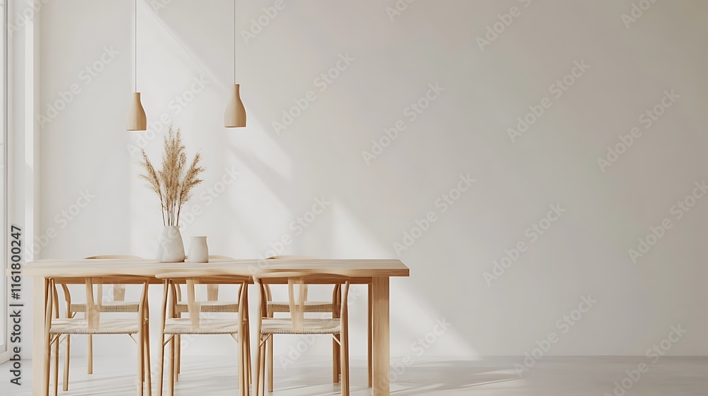 Minimalist dining room with wooden table, chairs, and pampas grass in a vase. Sunlight streams through a window. Minimalist dining room with wooden table, chairs, and pampas grass in a vase. Sunlight streams through a window.