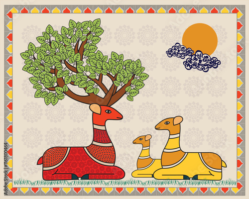 Indian Tribal Art: Deer Family and Tree in Vibrant Gond Style. Gond art, Tribal art India, Gond painting, Deer family art.