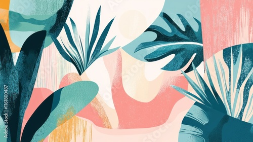 Abstract tropical leaf illustration with pink, teal, and orange shapes.