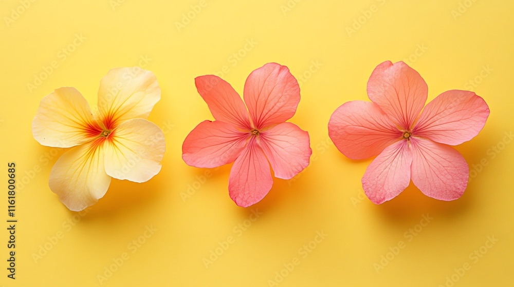 Naklejka premium Three vibrant flowers against a bright yellow background.