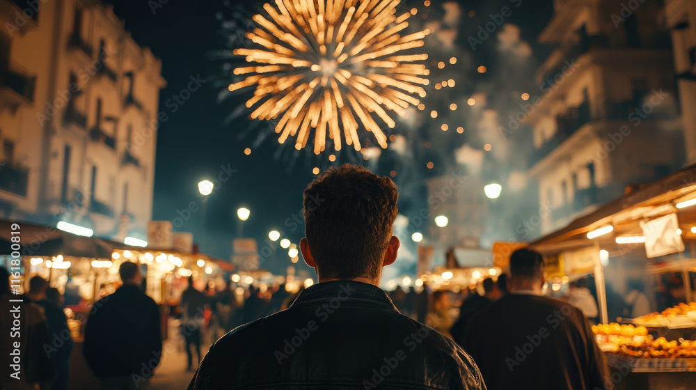 Obraz premium Celebratory fireworks display night market urban festival vibrant atmosphere captivating view joyful experience