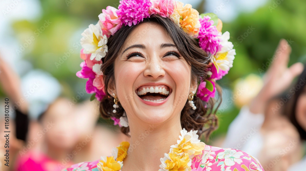 Obraz premium Joyful celebration of hawaiian culture beachside festival image of a smiling woman tropical environment vibrant colors