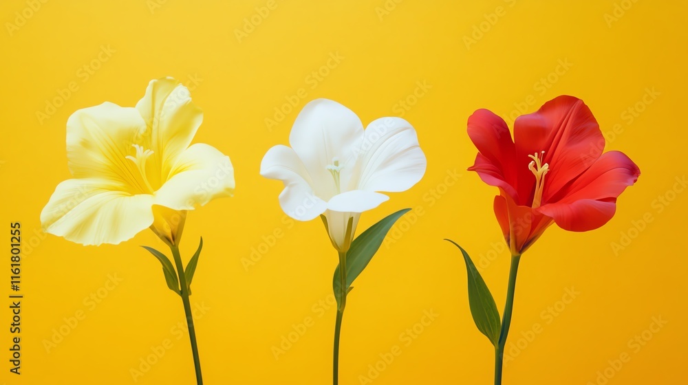 Obraz premium Vibrant flowers in yellow, white, and red against a bright background.