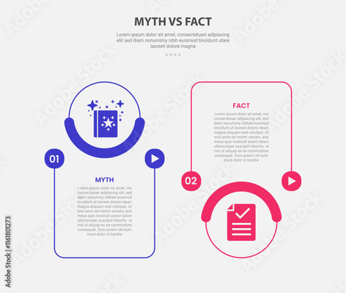 myth vs facts infographic outline style with 2 point comparison template with slice box with circle at top and bottom for slide presentation