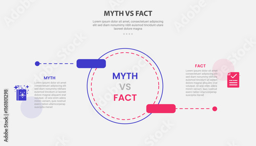 myth vs facts infographic outline style with 2 point comparison template with big circle and round rectangle pointer up and down for slide presentation