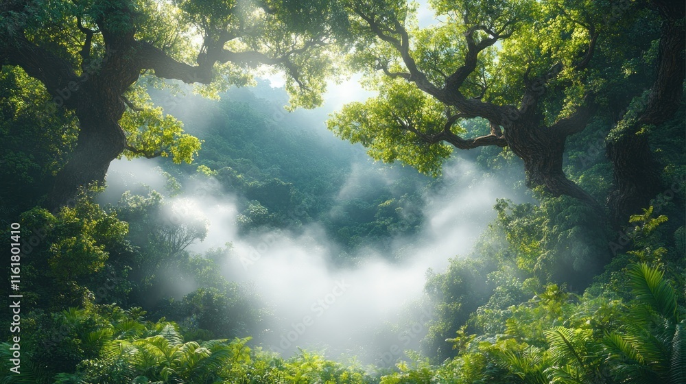 Fototapeta premium Misty jungle scene with sunbeams through trees.