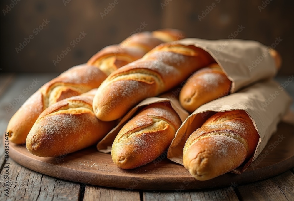Close up of tray of freshly baked bread in a bakery. Artisan crusty baguette Close up of tray of freshly baked bread in a bakery. Artisan crusty baguette