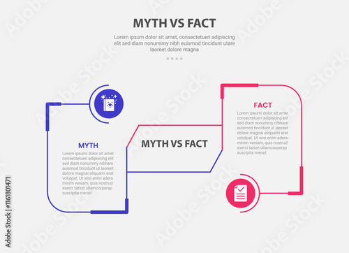 myth vs facts infographic outline style with 2 point comparison template with round box with circle connection for slide presentation