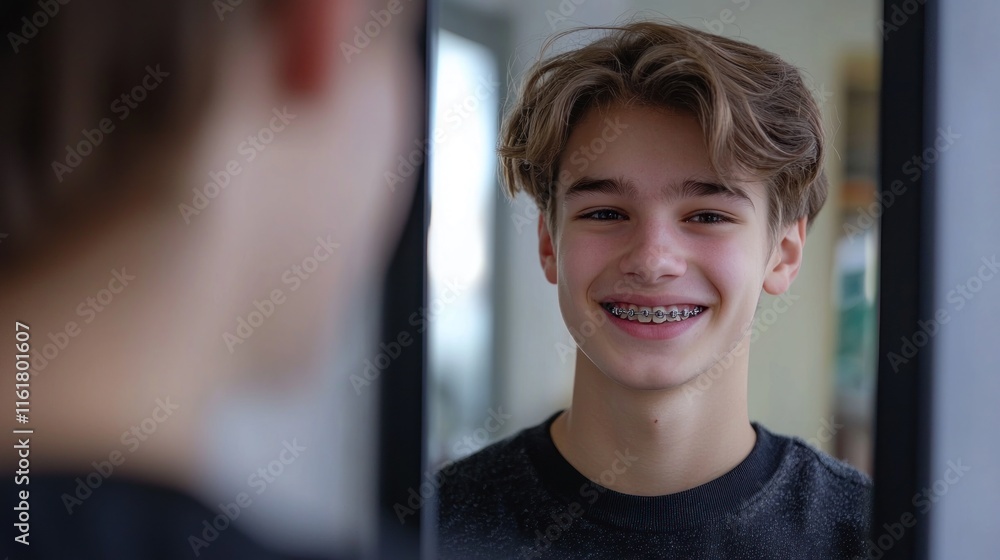 A young adult with braces looking in the mirror, adjusting their smile with confidence. A young adult with braces looking in the mirror, adjusting their smile with confidence.